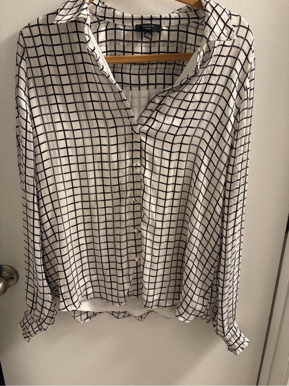 Haver London Black White Windowpane Grid Metallic Gold Stripe Blouse XL